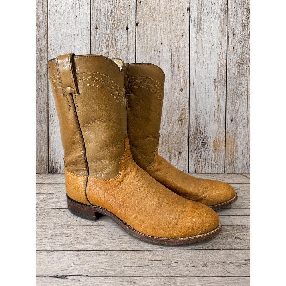 Vintage Justin 3022 Ostrich Roper Cowboy Boots Men's 8.5 D Tan USA Made
